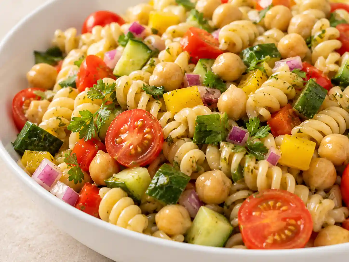 Close-up of high fiber protein pasta salad with chickpea pasta, chickpeas, juicy tomatoes, cucumber, bell pepper, herbs, and glossy lemon dressing.