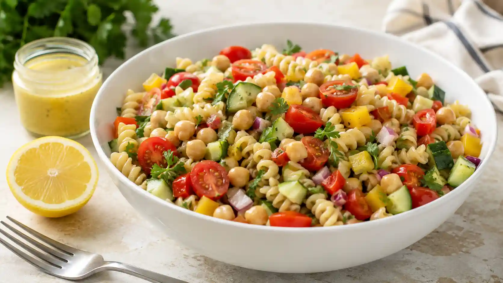 High fiber protein pasta salad with chickpea pasta, chickpeas, cucumber, tomatoes, bell pepper, and lemon dressing in a white bowl.