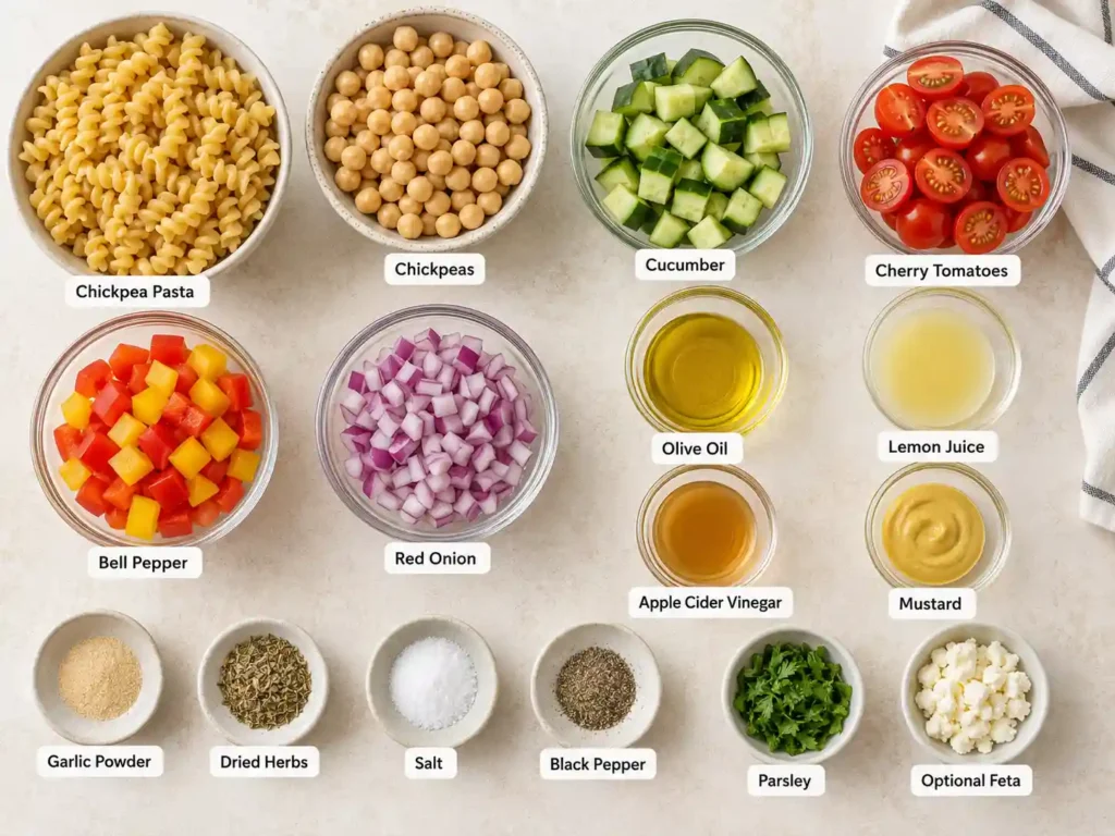Labeled ingredients for high fiber protein pasta salad including chickpea pasta, chickpeas, cucumber, cherry tomatoes, bell pepper, red onion, olive oil, lemon juice, apple cider vinegar, mustard, garlic