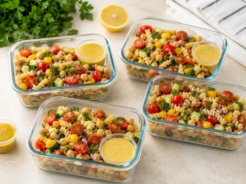 Meal prep containers filled with high fiber protein pasta salad and small sauce cups for cold lunches.