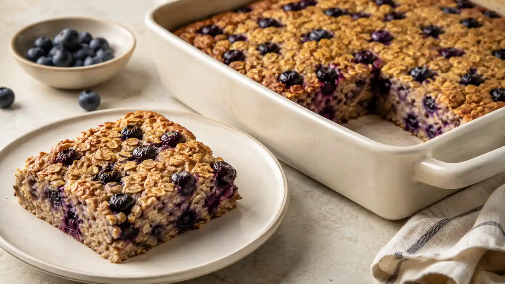 High-protein baked oatmeal with cottage cheese and blueberries in a cream baking dish