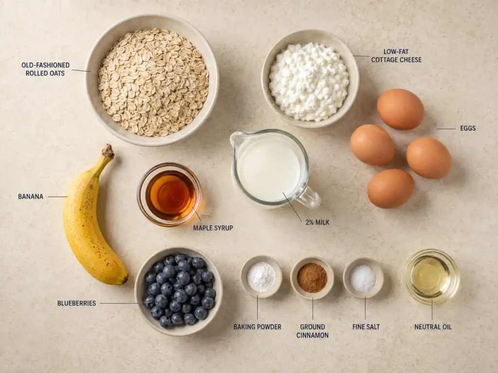 Labeled ingredients for high-protein baked oatmeal including oats, cottage cheese, eggs, banana, milk, and blueberries