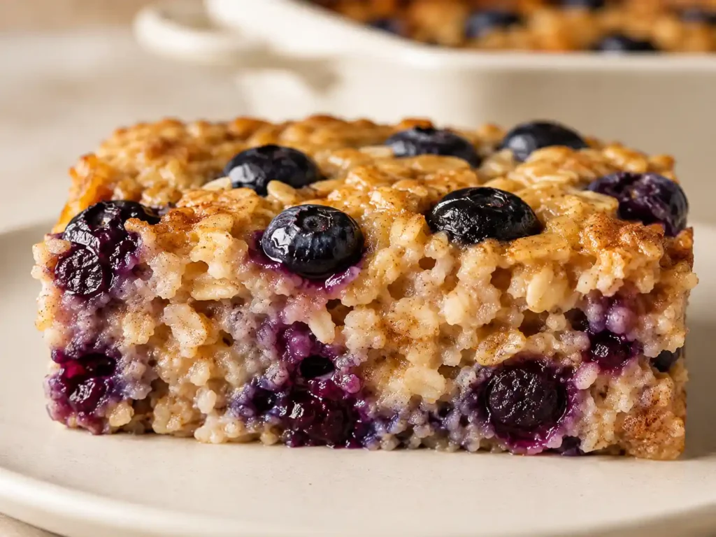 High-protein baked oatmeal divided into six blueberry breakfast portions for meal prep