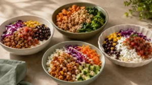 Four budget-friendly protein bowls with chicken, turkey, chickpeas, cottage cheese, rice, potatoes, beans, and vegetables.