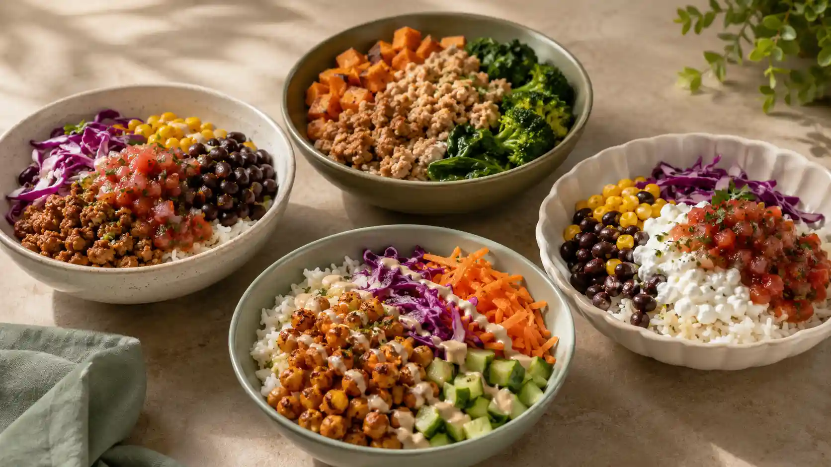 Four budget-friendly protein bowls with chicken, turkey, chickpeas, cottage cheese, rice, potatoes, beans, and vegetables.