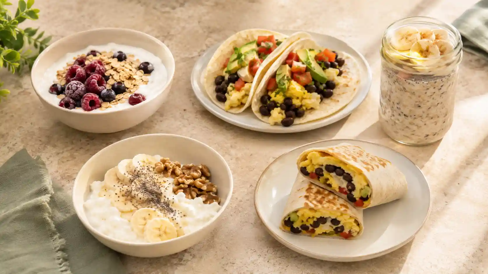 Budget-friendly high-protein breakfasts including Greek yogurt with berries, egg and black bean tacos, overnight oats, cottage cheese with banana, and a breakfast burrito.