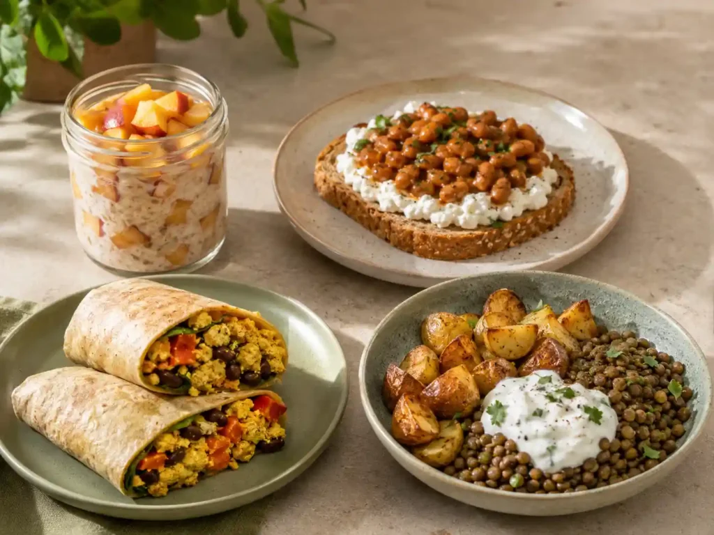 Egg-free breakfast ideas including peach overnight oats, cottage cheese and bean toast, a tofu bean wrap, and a lentil potato bowl.