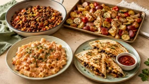 Four high protein dinners on a budget including chicken with potatoes, turkey and beans, cottage cheese pasta, and black bean quesadillas.