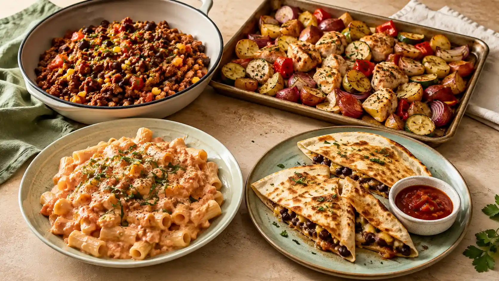 Four high protein dinners on a budget including chicken with potatoes, turkey and beans, cottage cheese pasta, and black bean quesadillas.