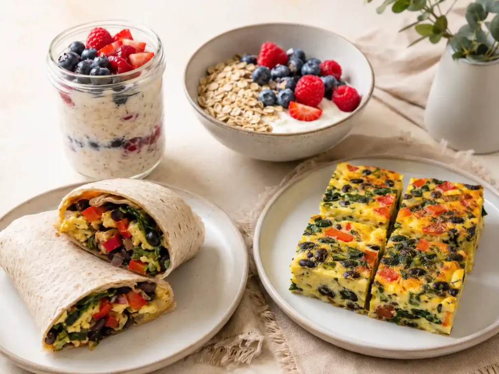 Overnight oats, Greek yogurt berry bowl, egg and bean burrito, and vegetable egg bake for meal prep.