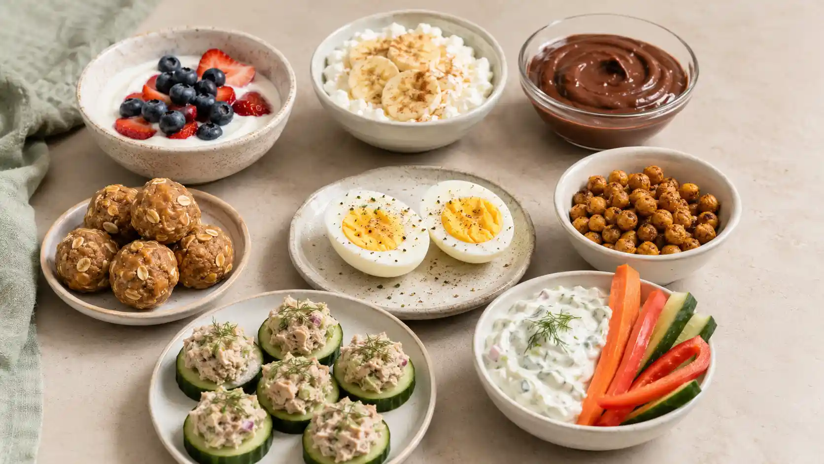 Assortment of affordable sweet and savory protein-focused snacks with yogurt, eggs, beans, tofu, tuna, fruit, and vegetables.