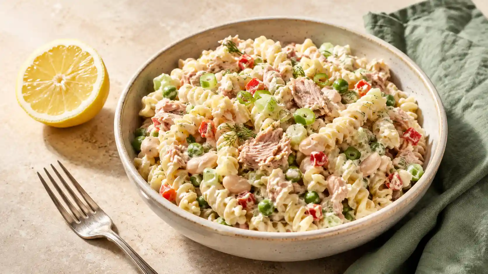 Creamy high-protein tuna pasta salad with short pasta, tuna, cannellini beans, peas, celery, red bell pepper, scallions, and dill.