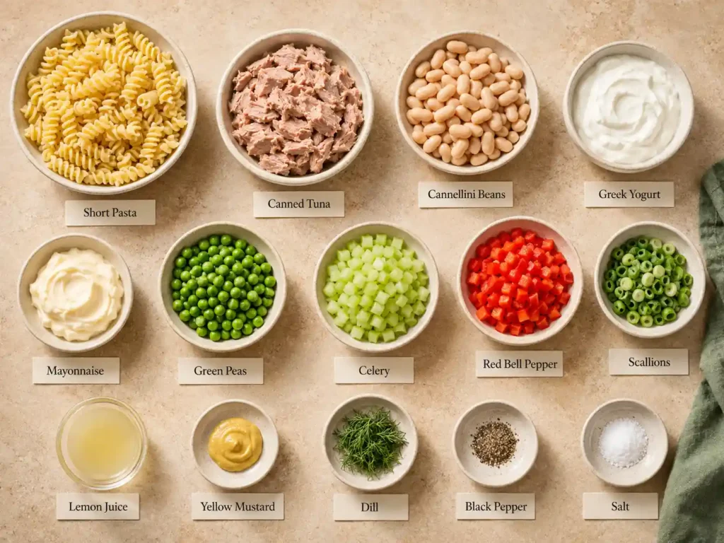 Labeled ingredients for tuna pasta salad including short pasta, canned tuna, cannellini beans, Greek yogurt, peas, celery, bell pepper, scallions, lemon, mustard, and dill.