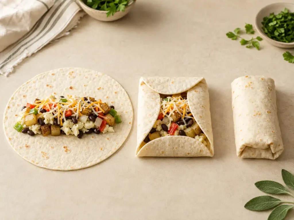 Egg white breakfast burrito being filled and folded on a tortilla