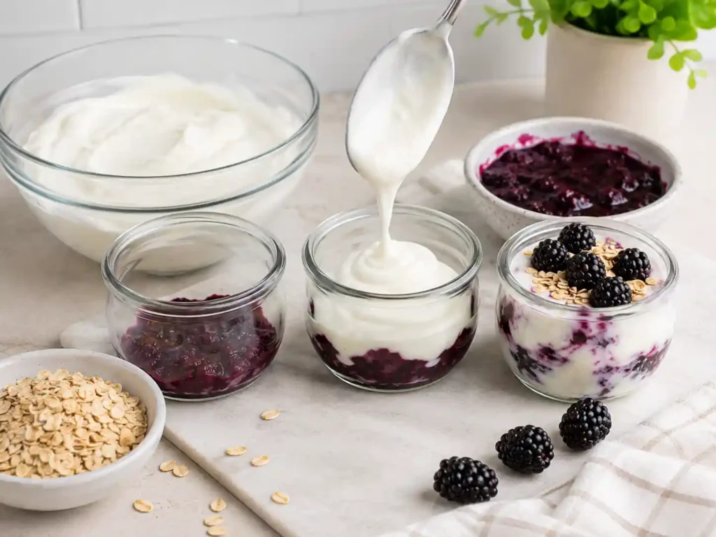 Step-by-step assembly of blackberry Greek yogurt protein cups with berry layer, yogurt base, and small jars.