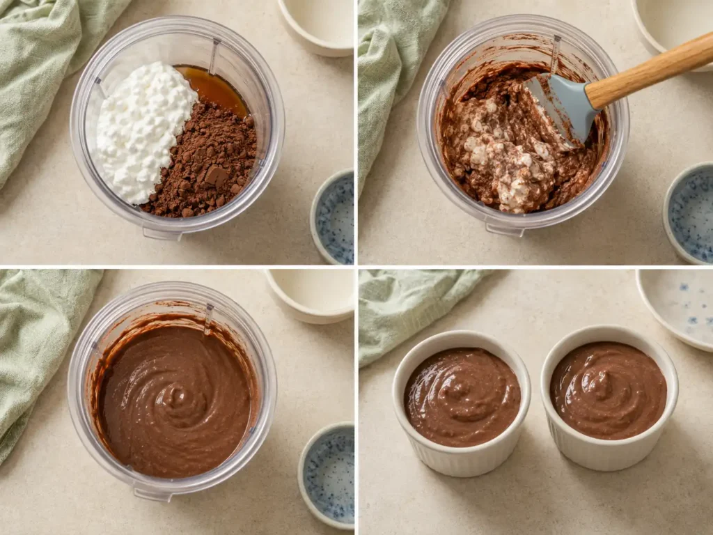 Four steps showing cottage cheese, cocoa, and maple syrup blended until smooth and divided into two containers