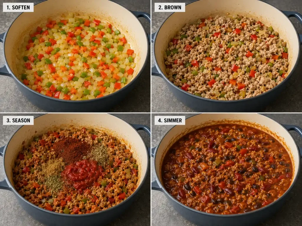 Four stages of making ground turkey chili from softened vegetables to finished thick chili