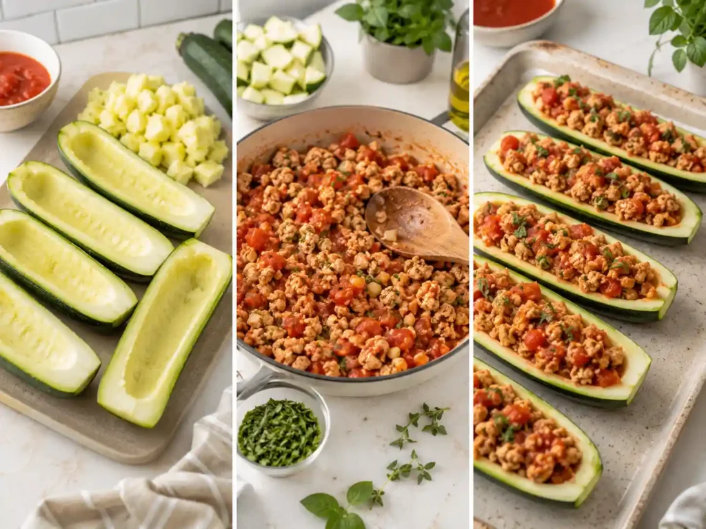 Step-by-step preparation of ground turkey zucchini boats with hollowed zucchini, turkey filling, and filled zucchini boats ready to bake.