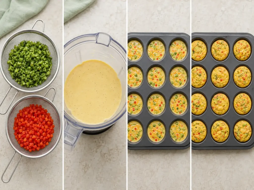 Four stages of making meal prep egg bites, from drained vegetables to fully baked bites.