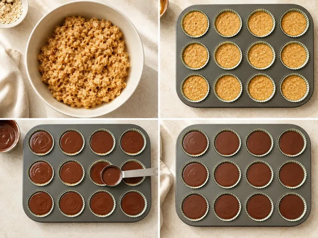 Four steps showing peanut butter oat mixture pressed into muffin liners and topped with chocolate