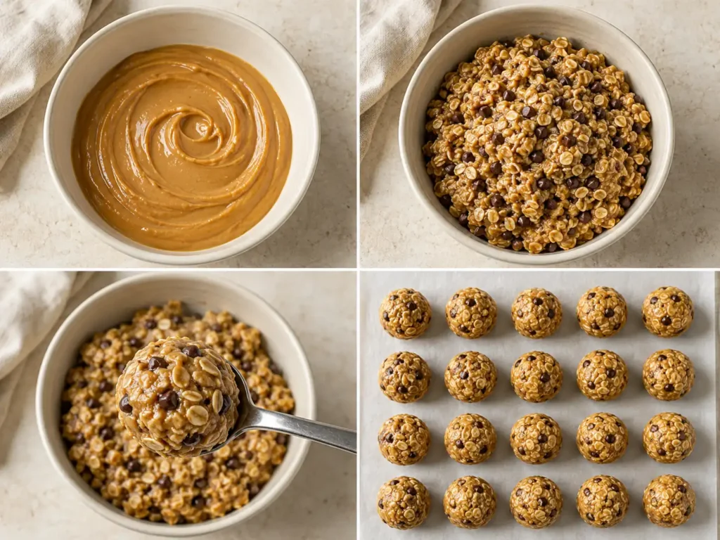 Four steps showing peanut butter oat ball mixture being mixed, tested, portioned, and rolled
