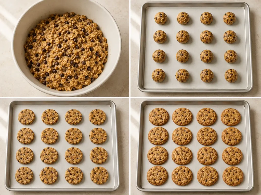 Four steps showing peanut butter oat cookie dough mixed, portioned, flattened, and baked