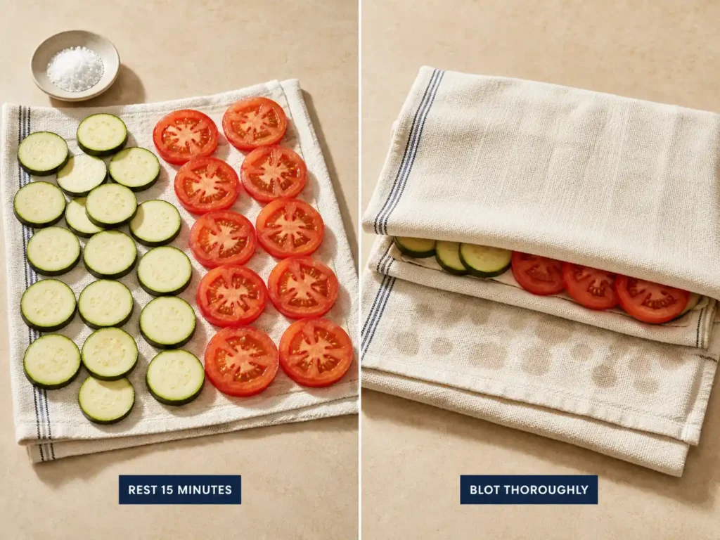 Zucchini and tomato slices resting with salt and being blotted dry before baking