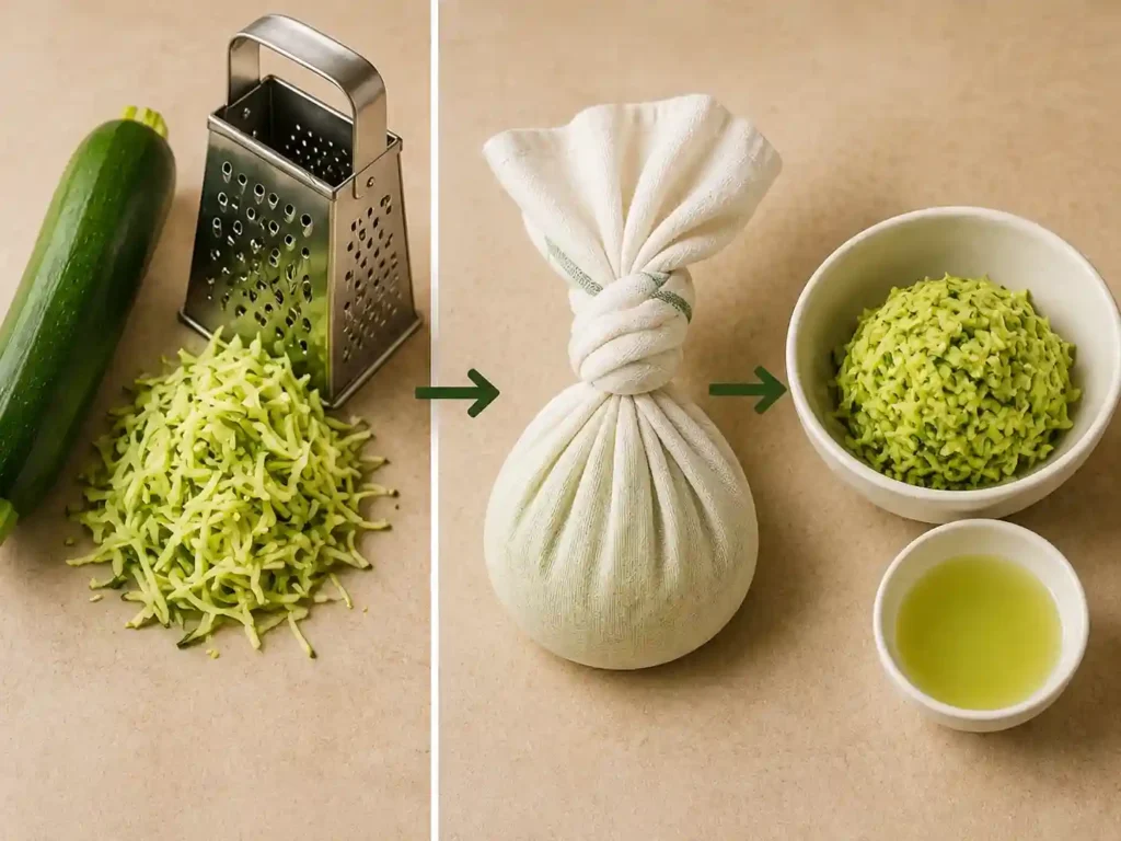 Fresh zucchini, grated zucchini in a kitchen towel, and squeezed zucchini ready for fritters.