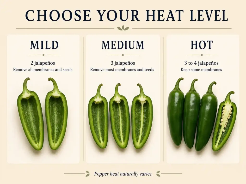 Jalapeño preparation guide showing mild, medium, and hot heat levels for chicken casserole