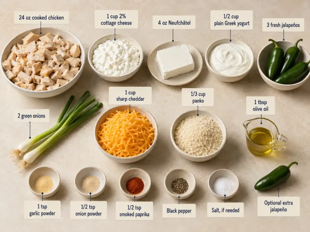 Labeled ingredients for jalapeño popper chicken casserole including cooked chicken, cottage cheese, jalapeños, cheddar, and panko