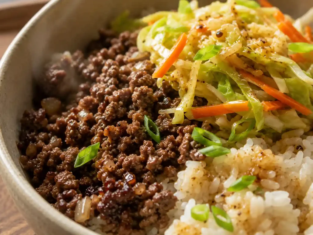 Close-up of a Korean-inspired ground beef rice bowl with crisp cabbage, carrots, garlic, and a savory sauce.