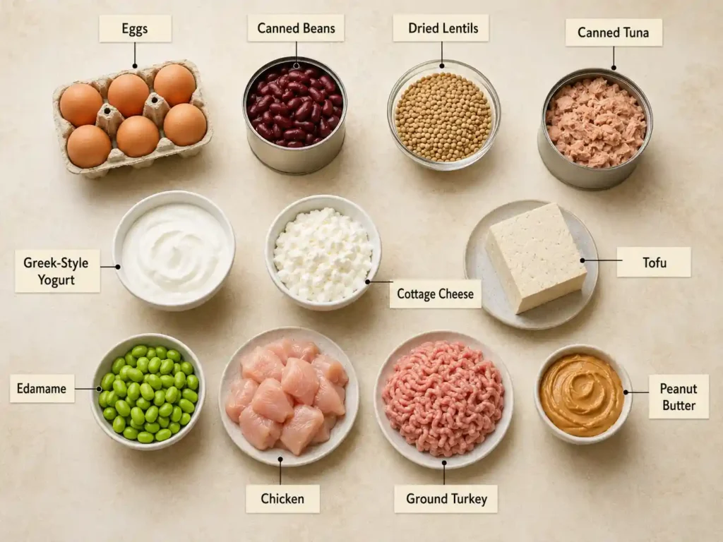 Labeled grocery staples including eggs, canned beans, lentils, tuna, Greek-style yogurt, cottage cheese, tofu, edamame, chicken, ground turkey, and peanut butter.
