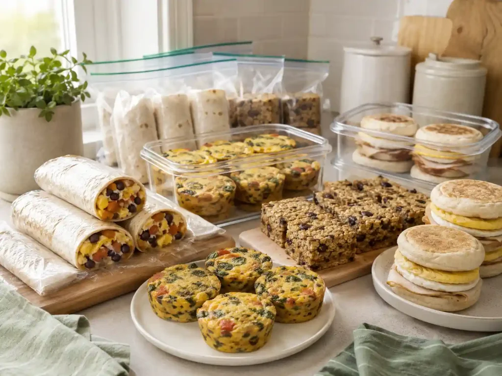 Breakfast meal prep with egg and bean burritos, vegetable egg muffins, baked oatmeal, pancakes, and turkey egg sandwiches.