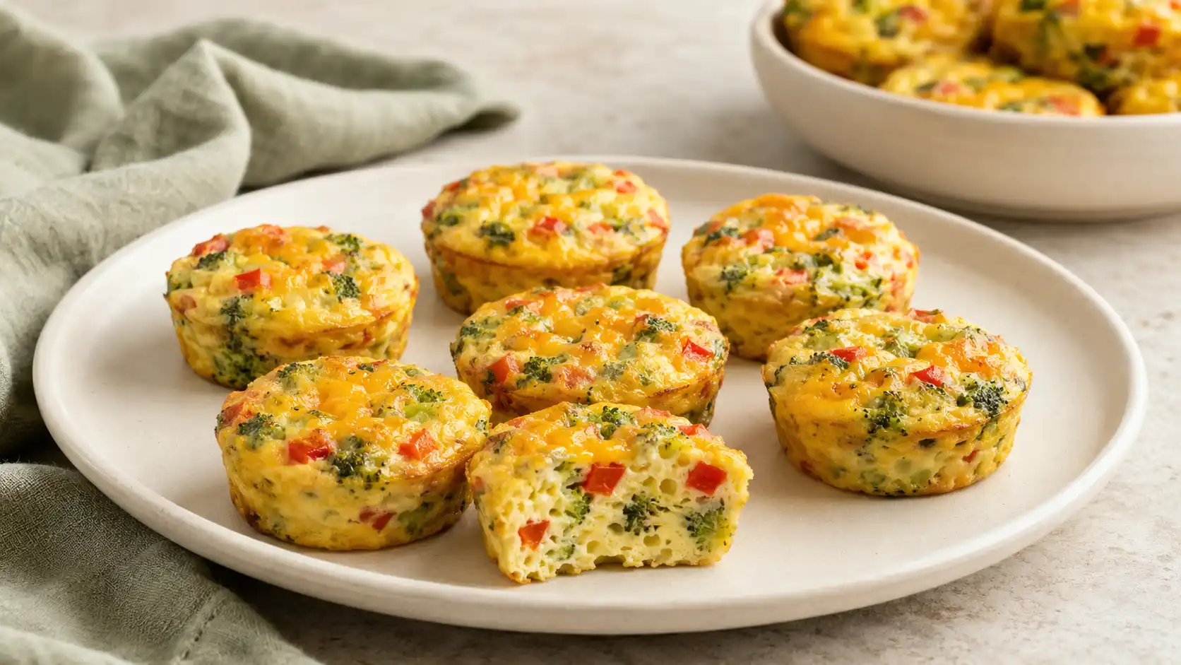 Meal prep egg bites with cottage cheese, broccoli, bell pepper, and cheddar.