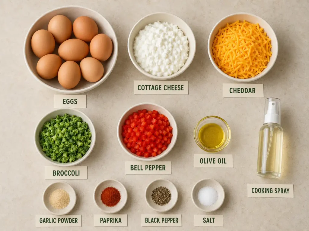 Labeled ingredients for meal prep egg bites, including eggs, cottage cheese, vegetables, cheddar, and seasonings.