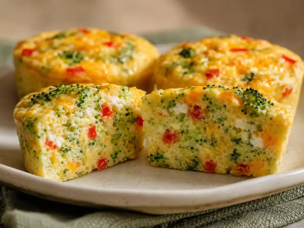 Close-up of a tender egg bite with broccoli, bell pepper, cottage cheese, and cheddar.