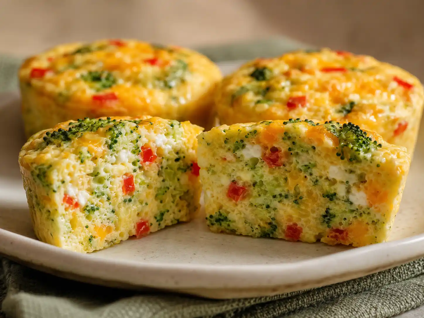 Close-up of a tender egg bite with broccoli, bell pepper, cottage cheese, and cheddar.