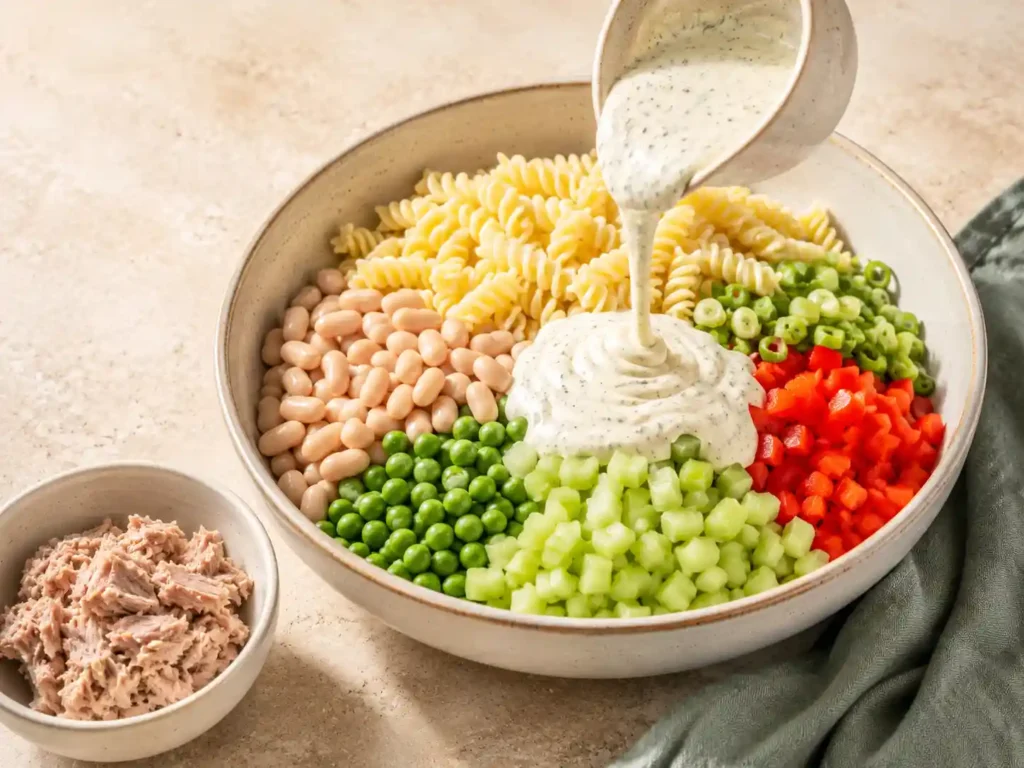 Greek yogurt dressing being added to cooled pasta, cannellini beans, peas, celery, bell pepper, and scallions before folding in the tuna.