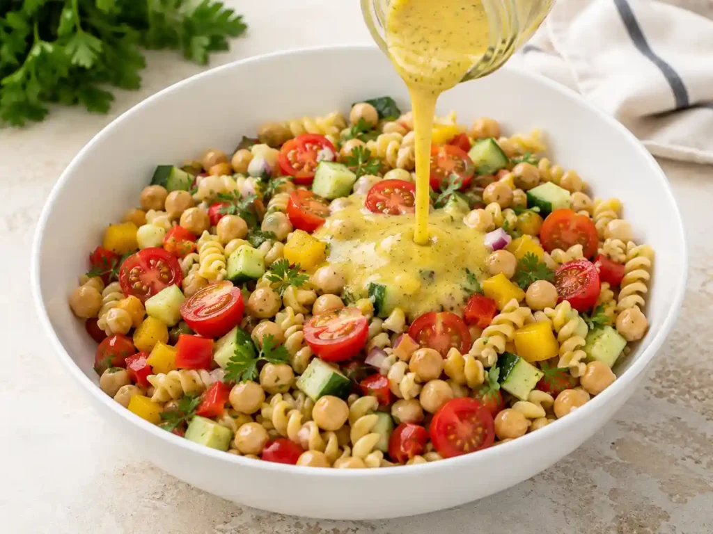 A large bowl of chickpea pasta salad being mixed with chickpeas, cucumber, tomatoes, bell pepper, red onion, and lemon mustard dressing.