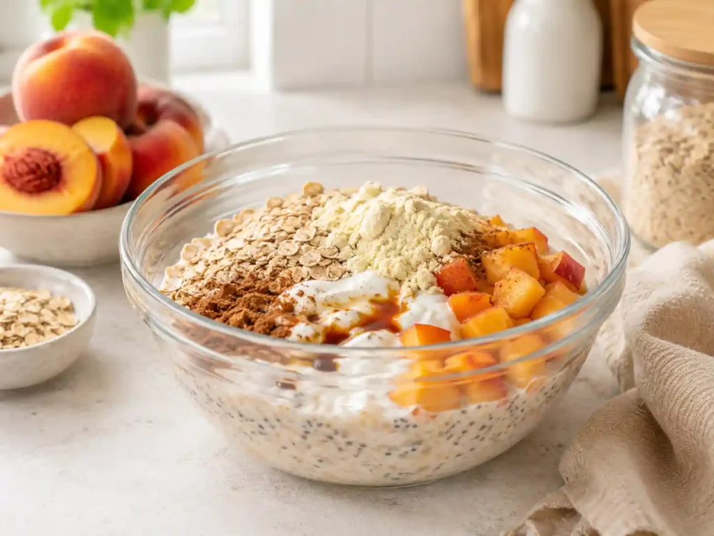 Rolled oats, Greek yogurt, milk, chia seeds, protein powder, and peaches being mixed for peach protein overnight oats.