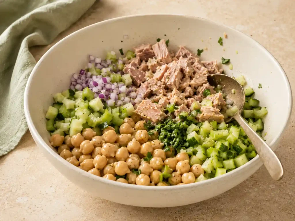 Tuna, chickpeas, celery, cucumber, red onion, and parsley being gently mixed with lemon Dijon dressing.