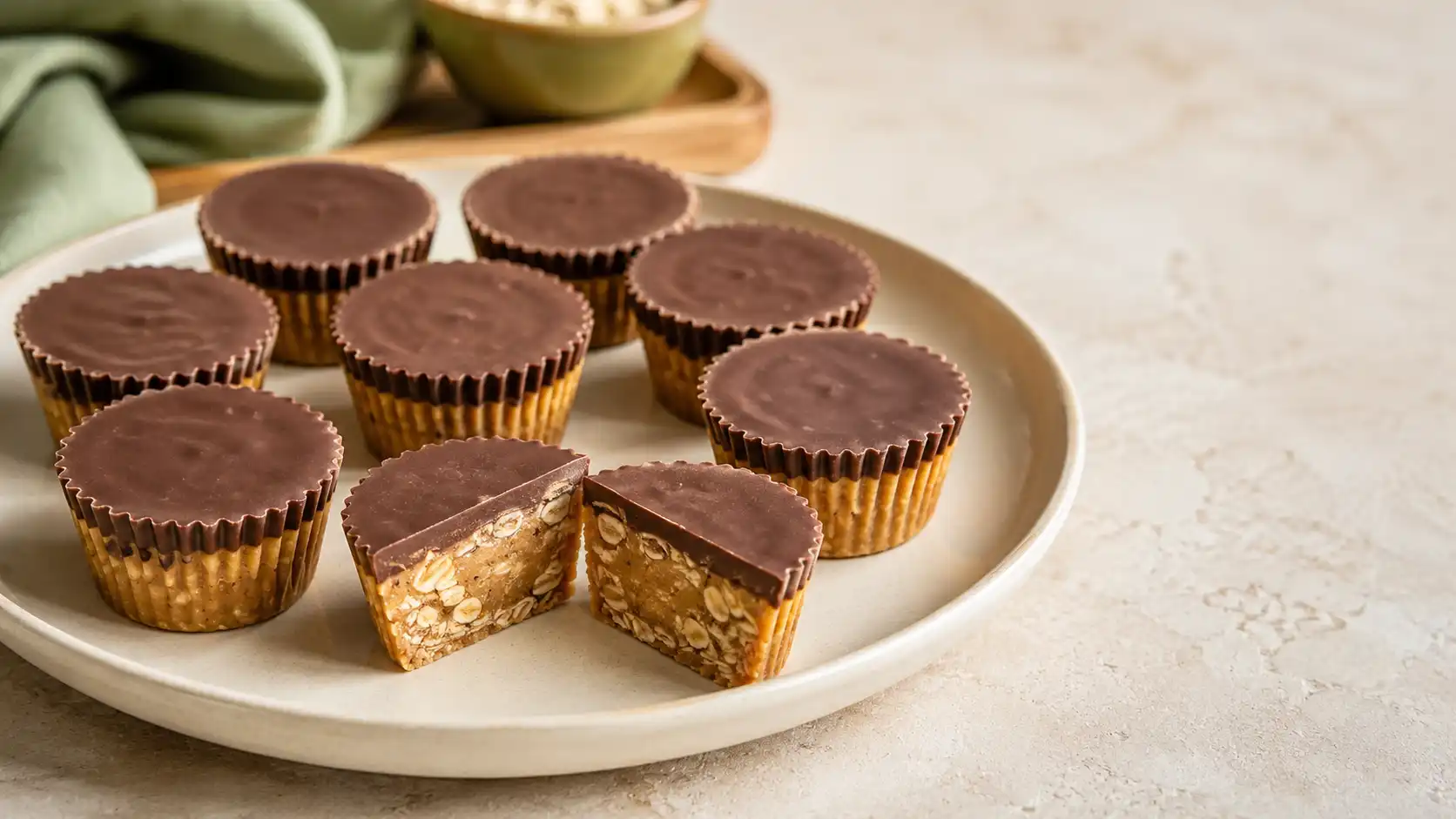 No bake peanut butter oat cups with a chewy oat base and chocolate topping