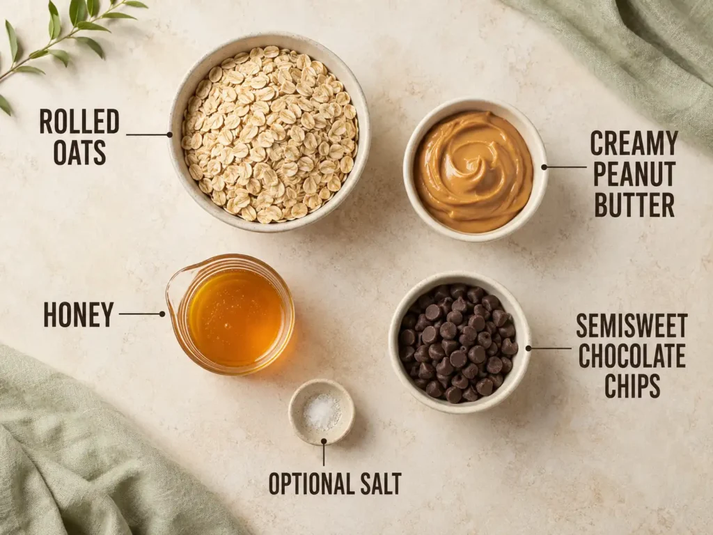 Labeled ingredients for no bake peanut butter oat cups with oats, peanut butter, honey, and chocolate chips