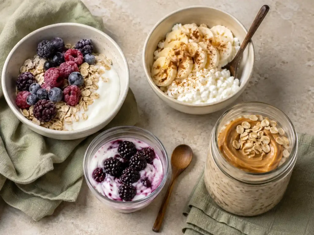 Four no-cook breakfast ideas with Greek yogurt, cottage cheese, oats, berries, banana, and peanut butter.