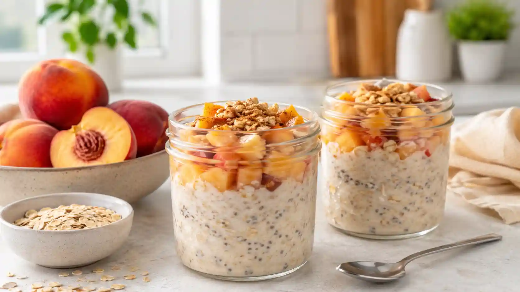 Peach cobbler protein overnight oats in glass jars with peaches, cinnamon, and creamy oats.