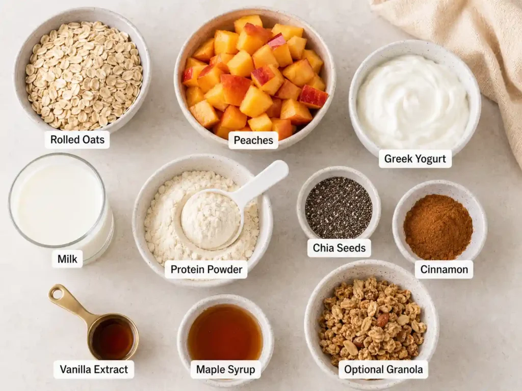 Labeled ingredients for peach cobbler protein overnight oats including oats, peaches, Greek yogurt, milk, protein powder, chia seeds, cinnamon, vanilla, maple syrup, and granola.