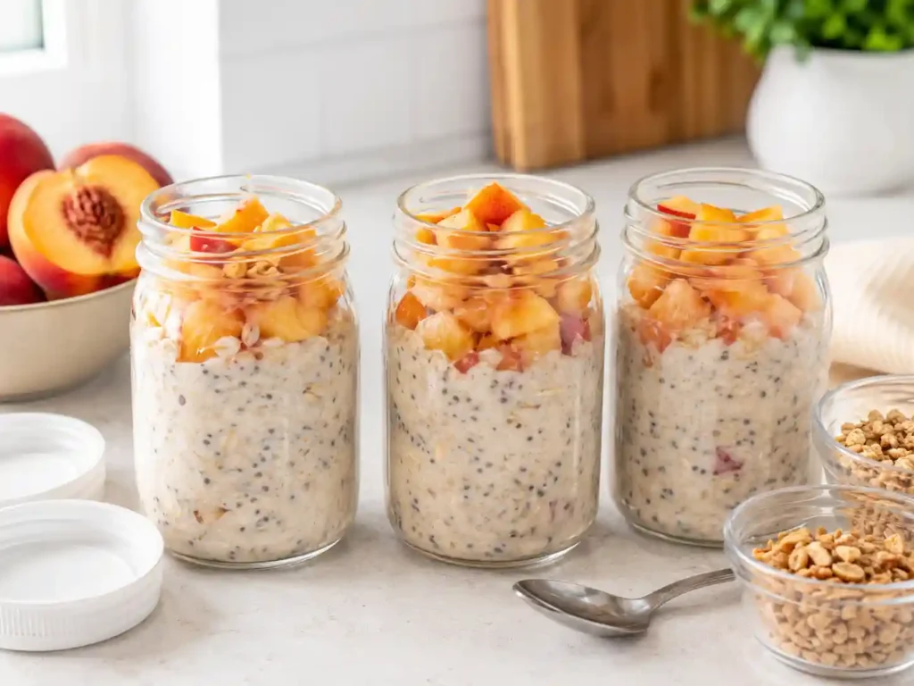 Meal prep jars of peach protein overnight oats stored with separate toppings for easy breakfasts.