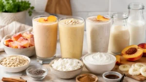 Three peach protein smoothies with frozen peaches, yogurt, oats, chia seeds, and simple breakfast ingredients on a bright kitchen counter.
