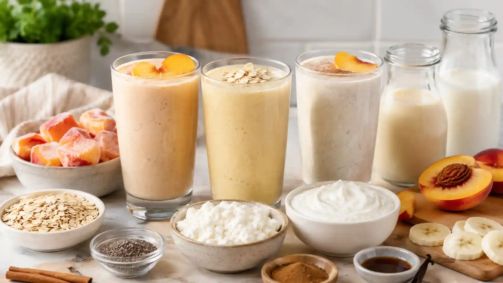 Three peach protein smoothies with frozen peaches, yogurt, oats, chia seeds, and simple breakfast ingredients on a bright kitchen counter.