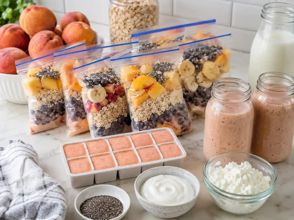 Peach protein smoothie meal prep with freezer packs, frozen peaches, oats, chia seeds, yogurt, smoothie jars, and silicone cubes.